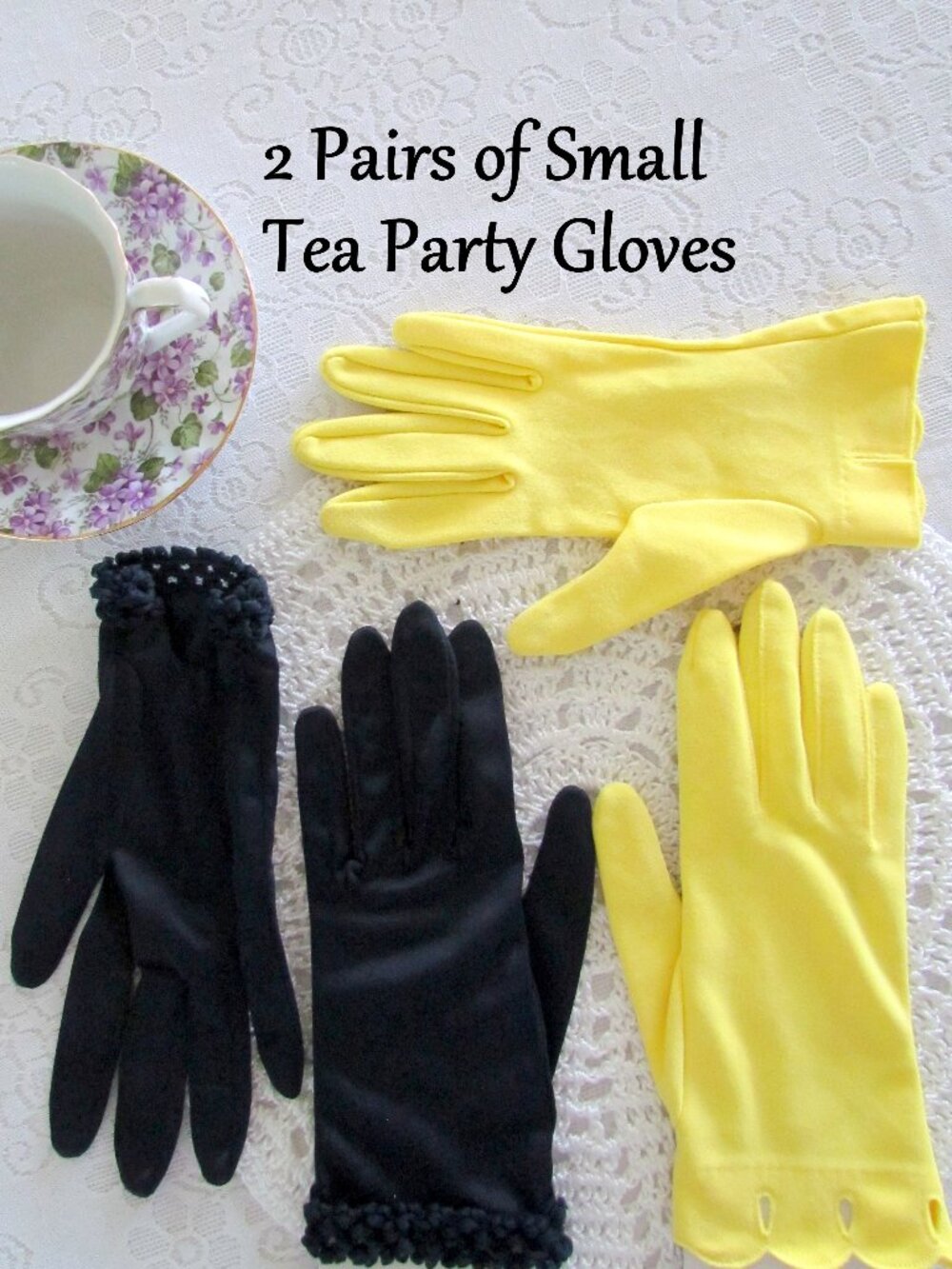 YELLOW & NAVY BLUE GLOVES for SMALL HANDS, FANCY VINTAGE 1950s w WRIST DETAILS